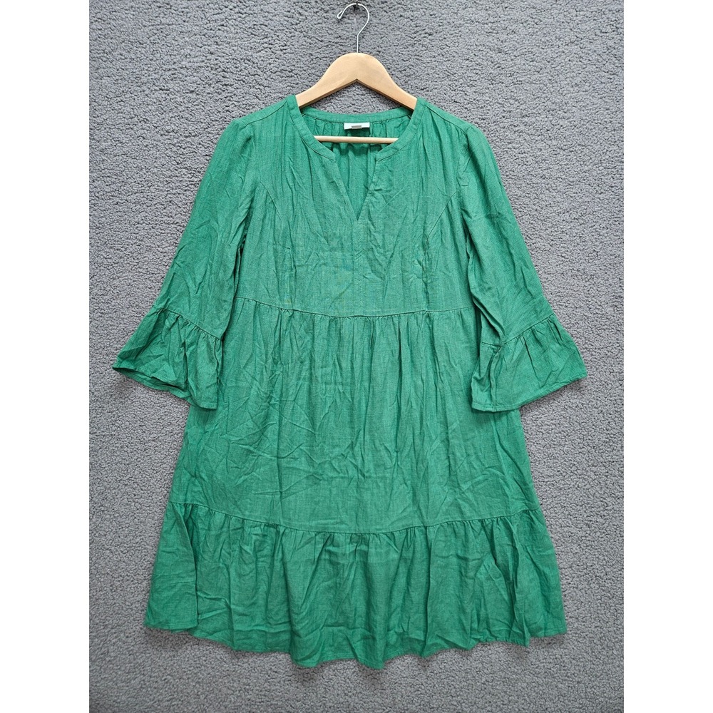 J. Jill Tunic Dress Medium Petite Green Tiered Linen Blend Boho Ruffle Sleeve